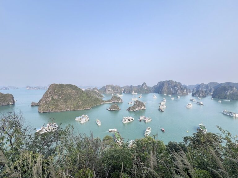 Panoramic view of Ha Long Bay with cruise boats among limestone islands.