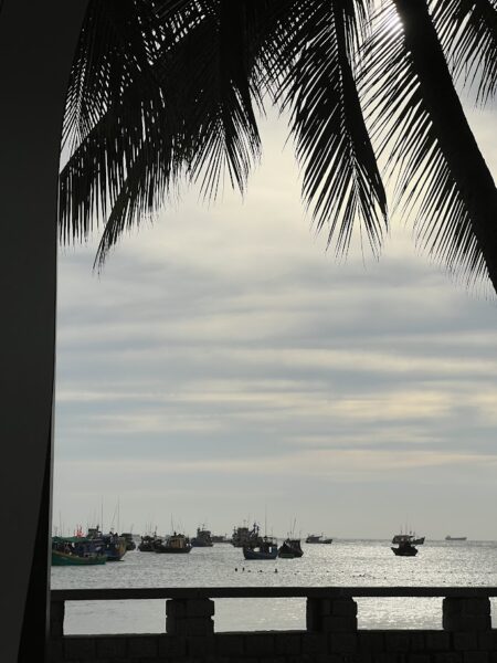 Fishing boats anchored off Vũng Tàu under a cloudy evening sky.