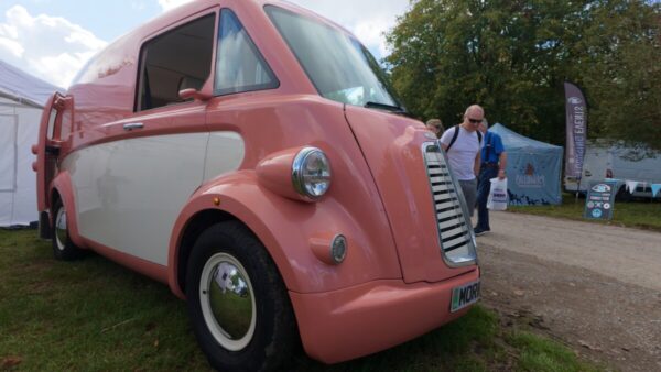 Retro-styled pink campervan at the motorhome festival