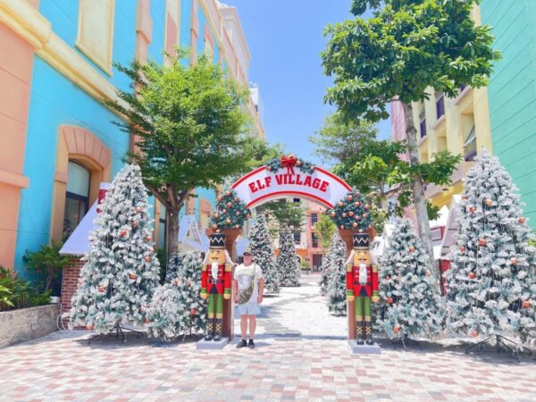 Elf Village archway with Christmas trees and decorations