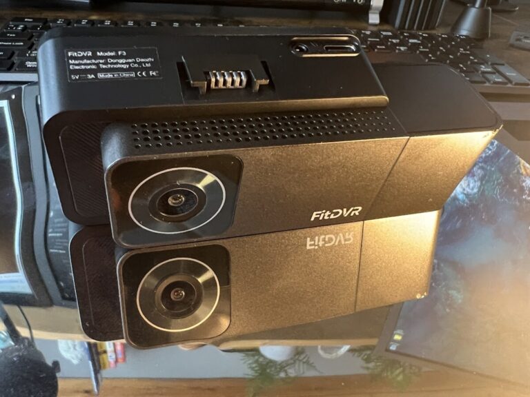 FitDVR F3 dash cam front and cabin cameras on desk