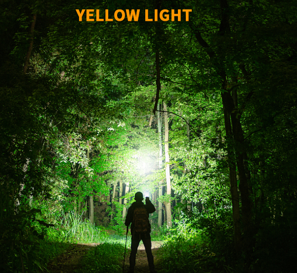 Person shining the LETOUR torch in a forest at night, showing its powerful yellow beam.